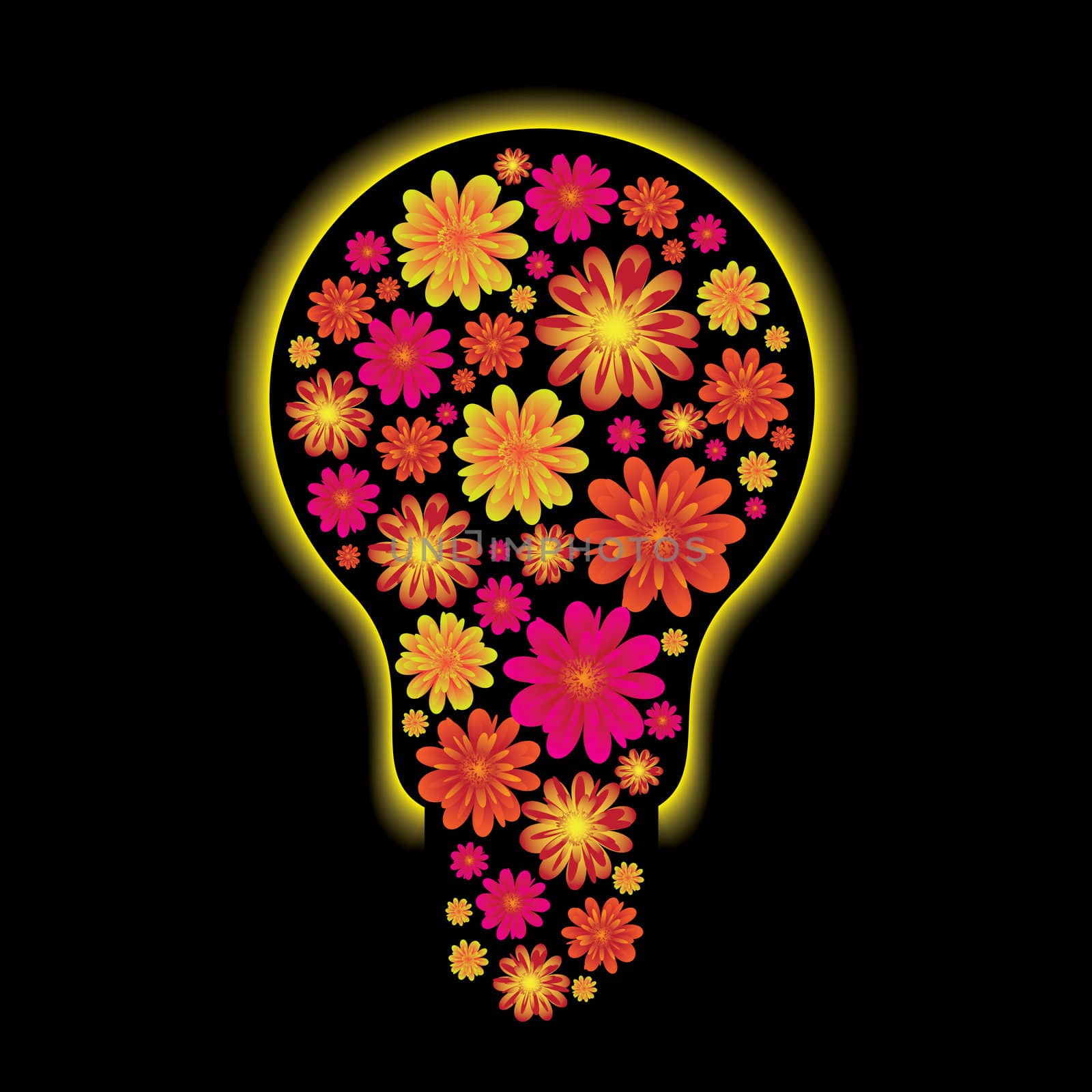 floral light bulb with yellow outter glow and black background