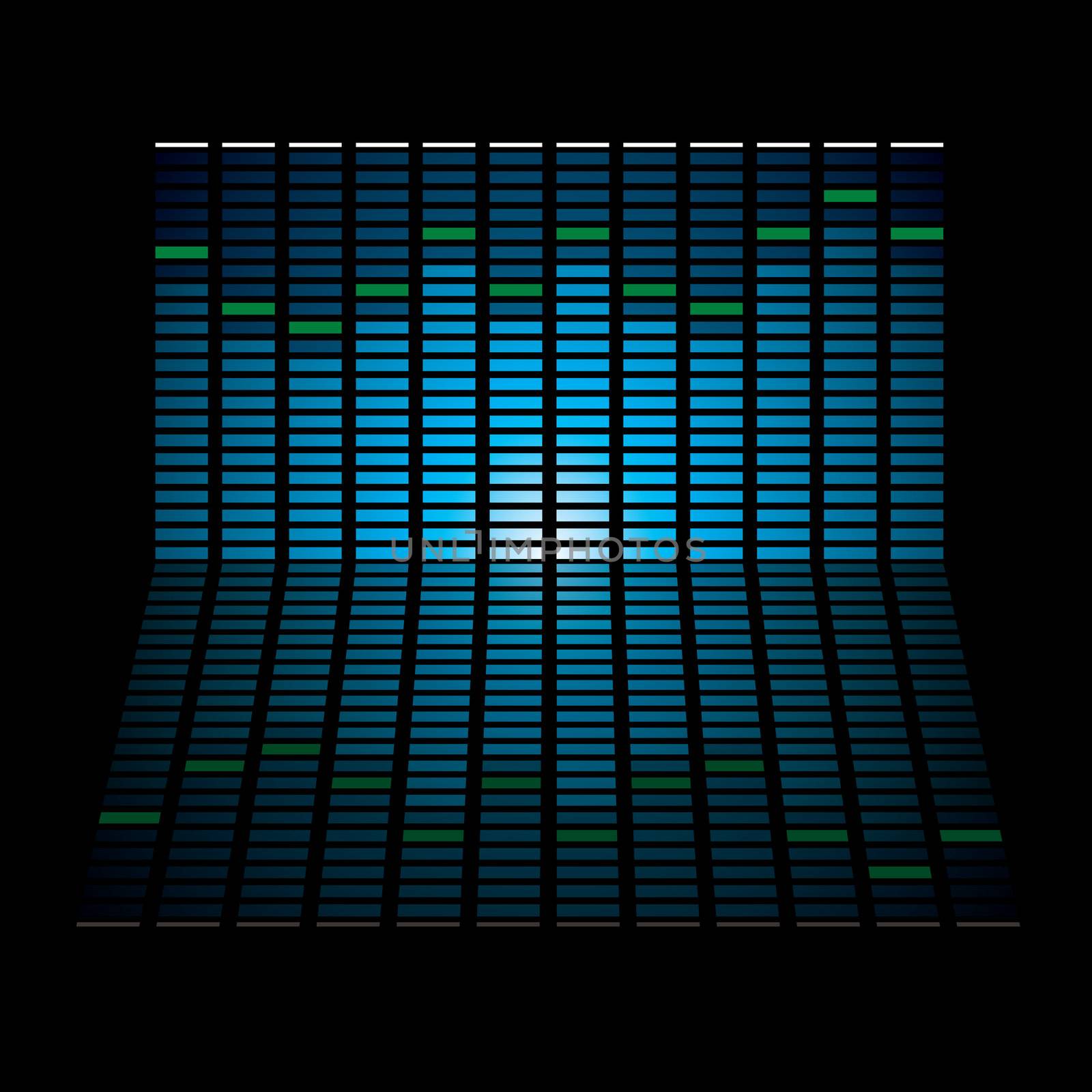 Musical graph with glowing lights and reflection in black background