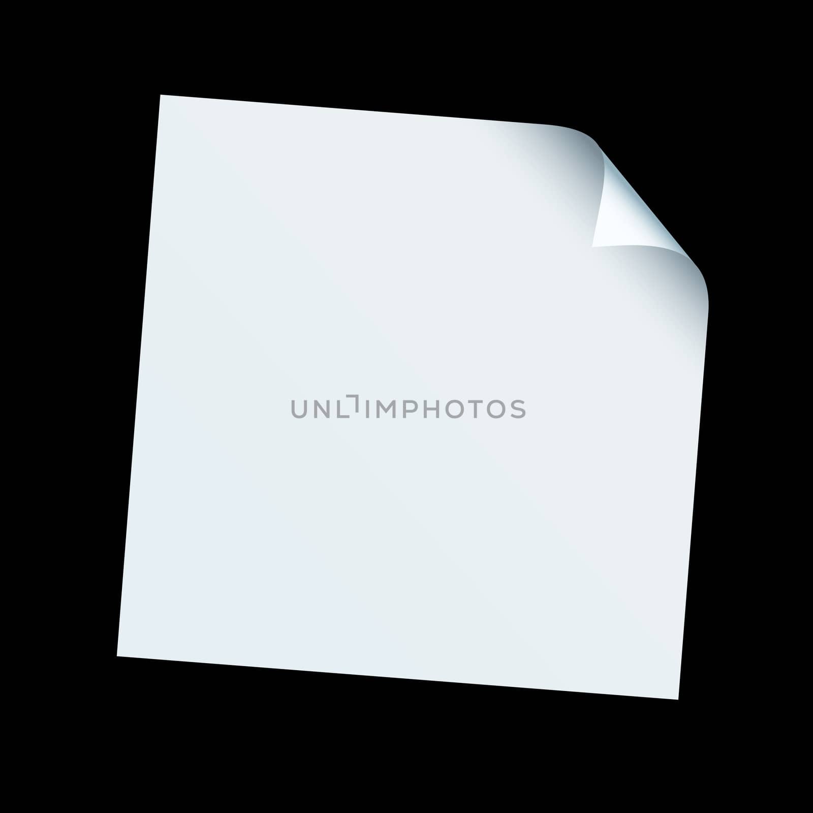 White piece of square paper with its edge curled over on a black background