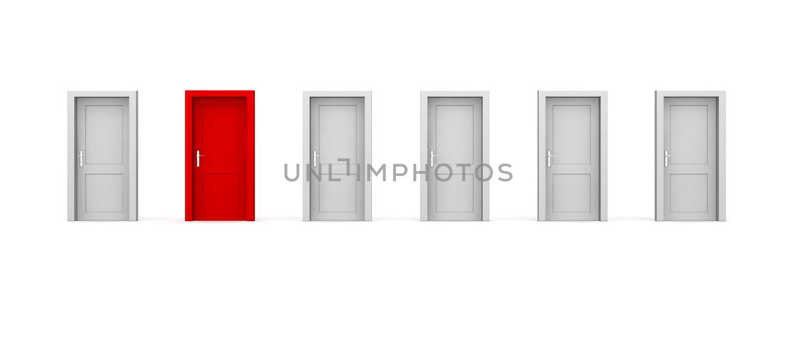 line of six doors, one red door - door and doorframe, no walls