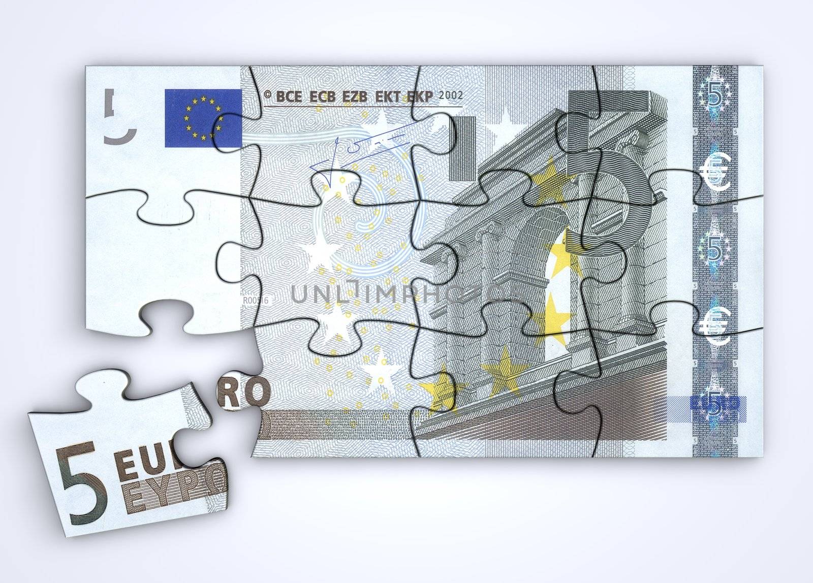 5 Euro note as a puzzle - one piece seperately - top view
