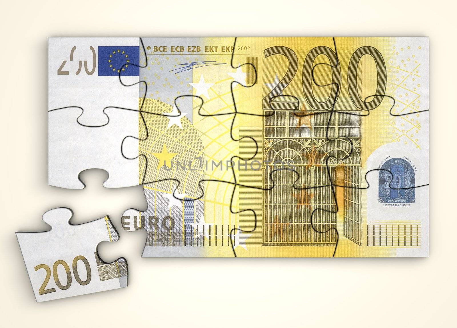 200 Euro note as a puzzle - one piece seperately - top view