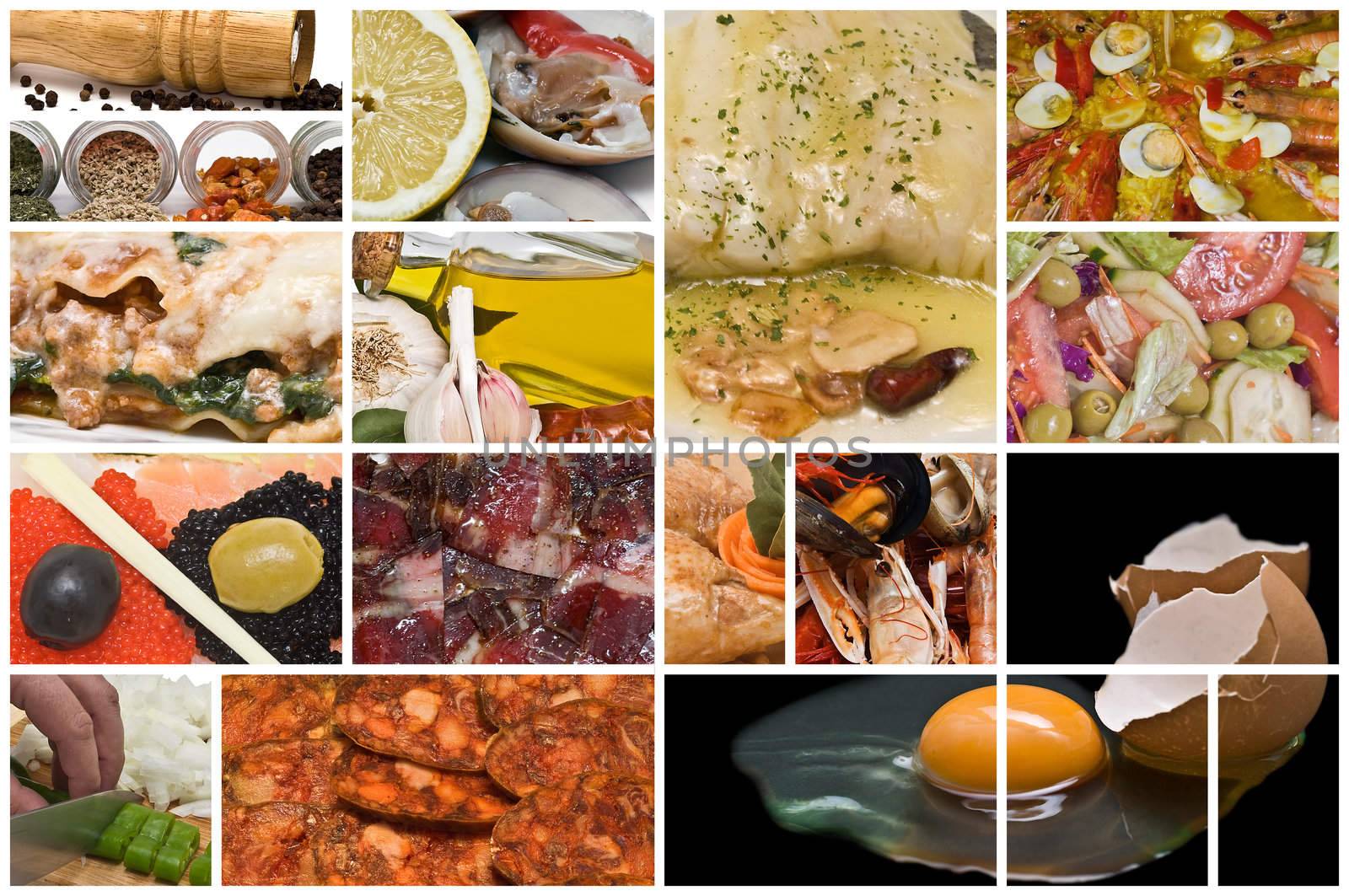 Collage with pictures about food.