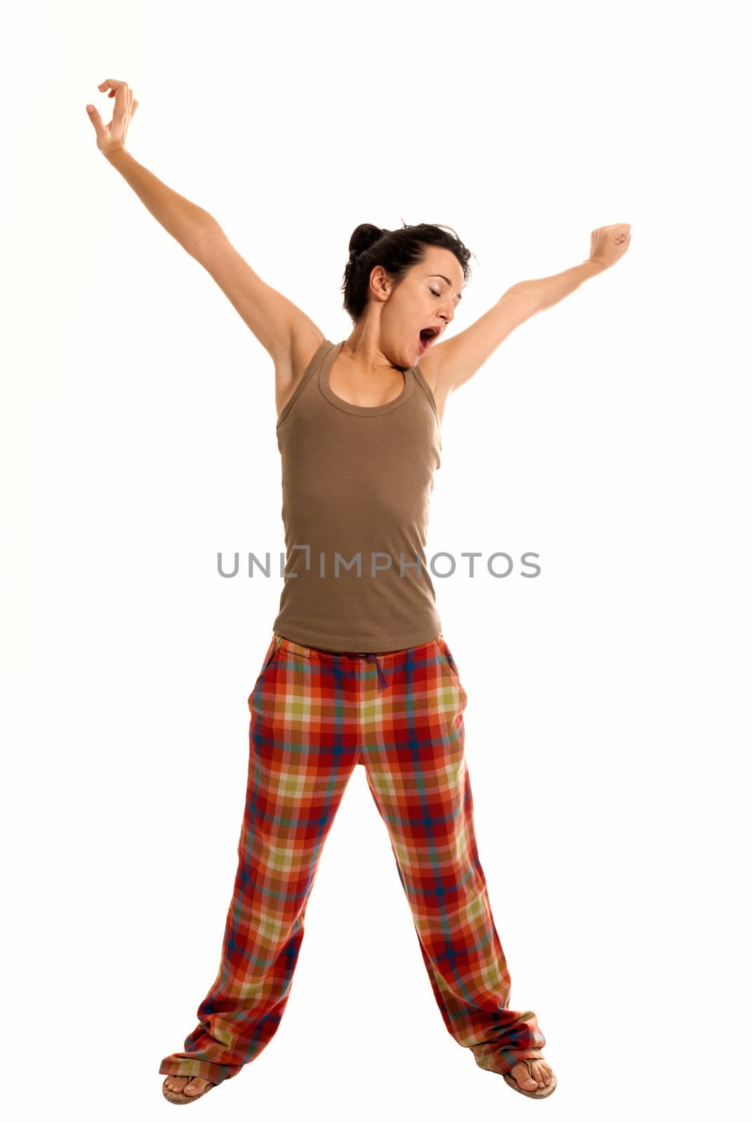 young woman be sleepy wearing pajamas isolated on white background