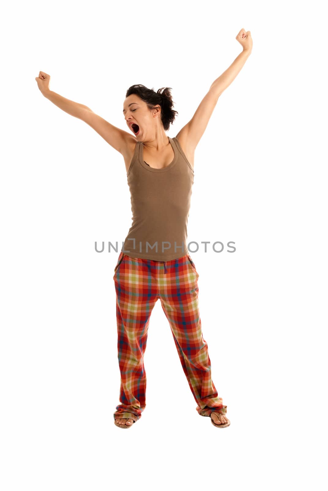 young woman be sleepy wearing pajamas isolated on white background