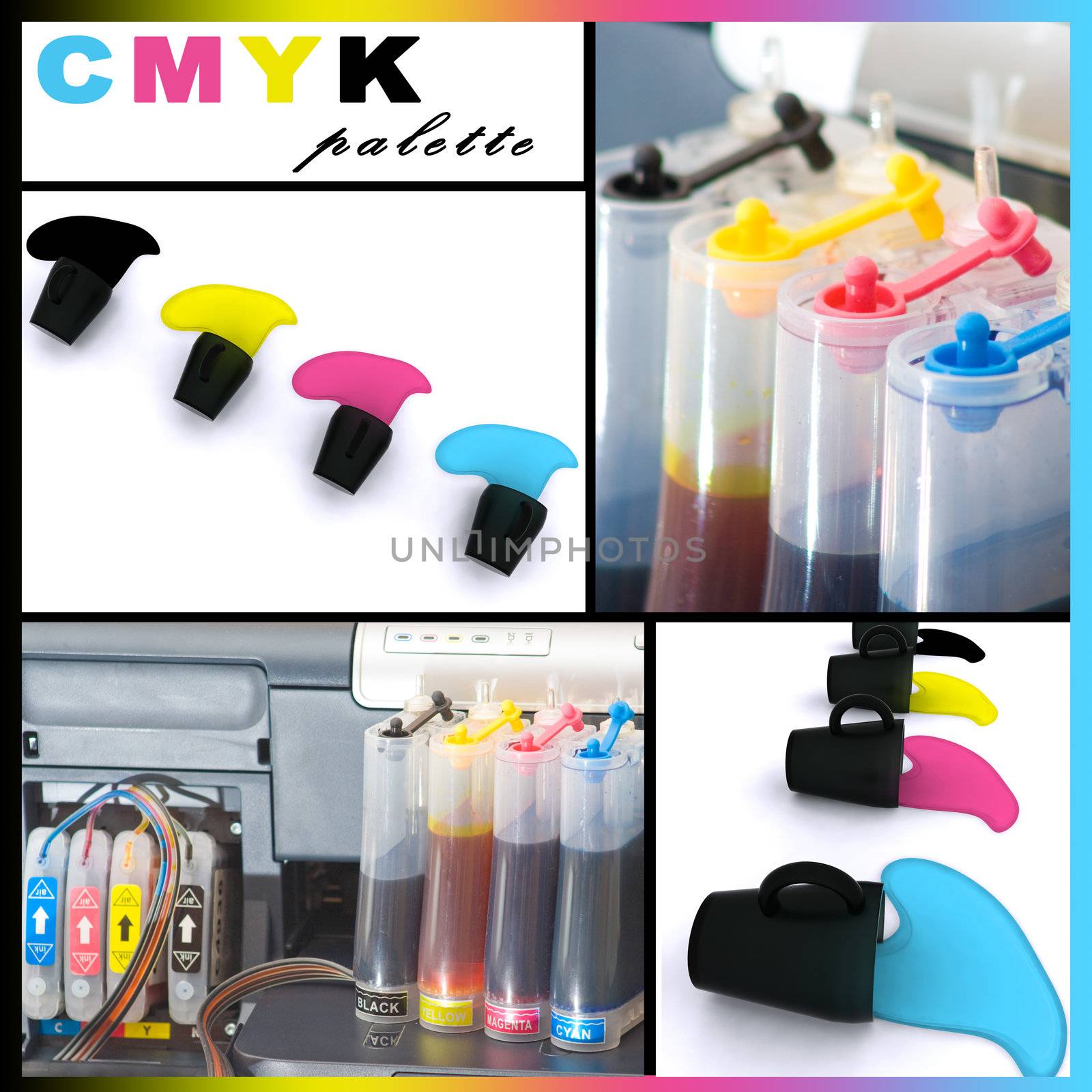 Different images put in one, representing CMYK palette and printing.