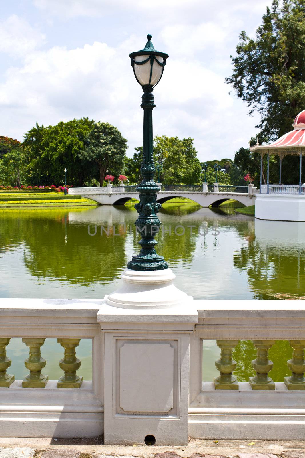 Old style lamppost around garden in bang pa-in Palace Ayutthaya Thailand