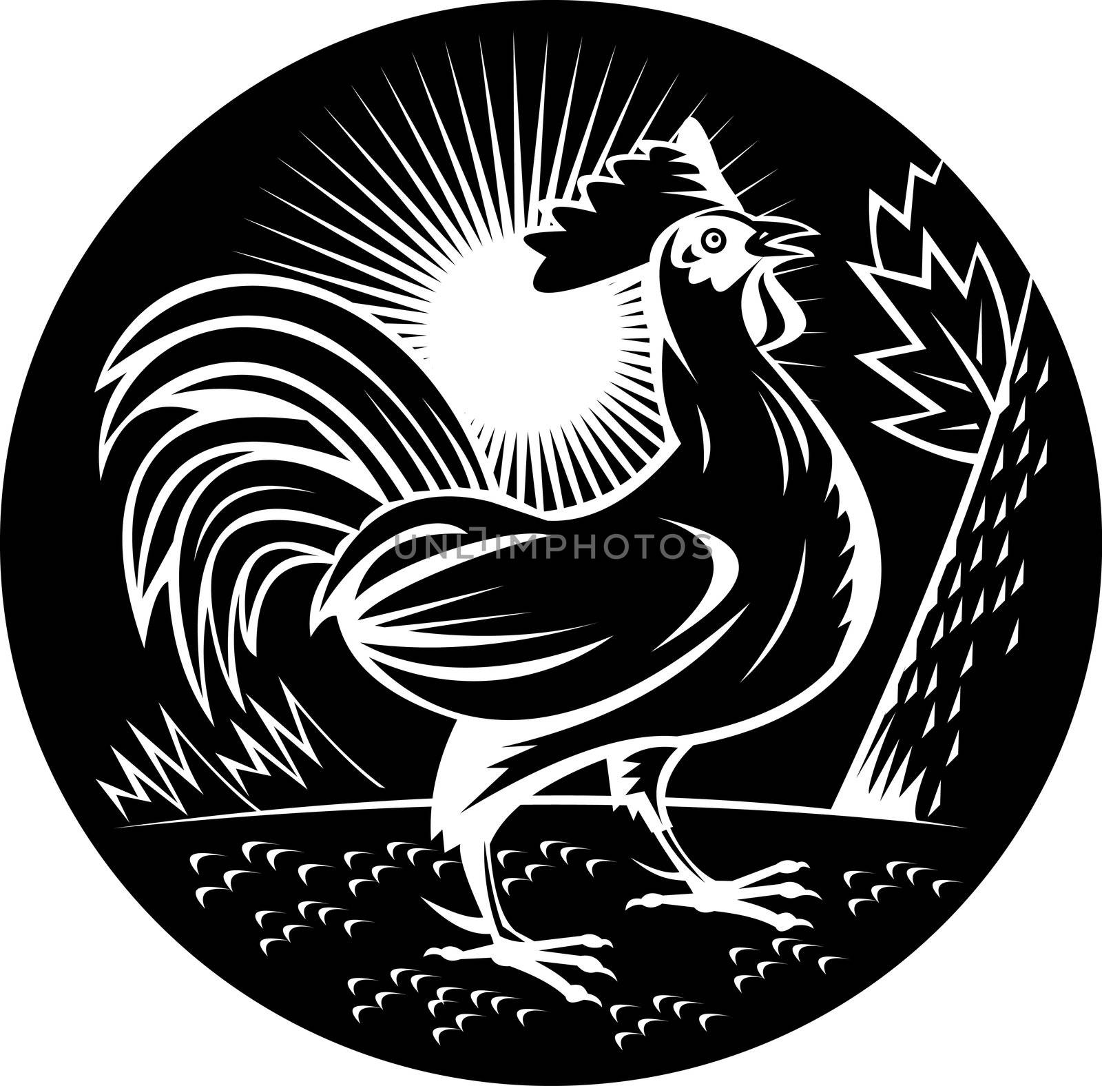 illustration of a Rooster cockerel crowing done in woodcut style and in black and white