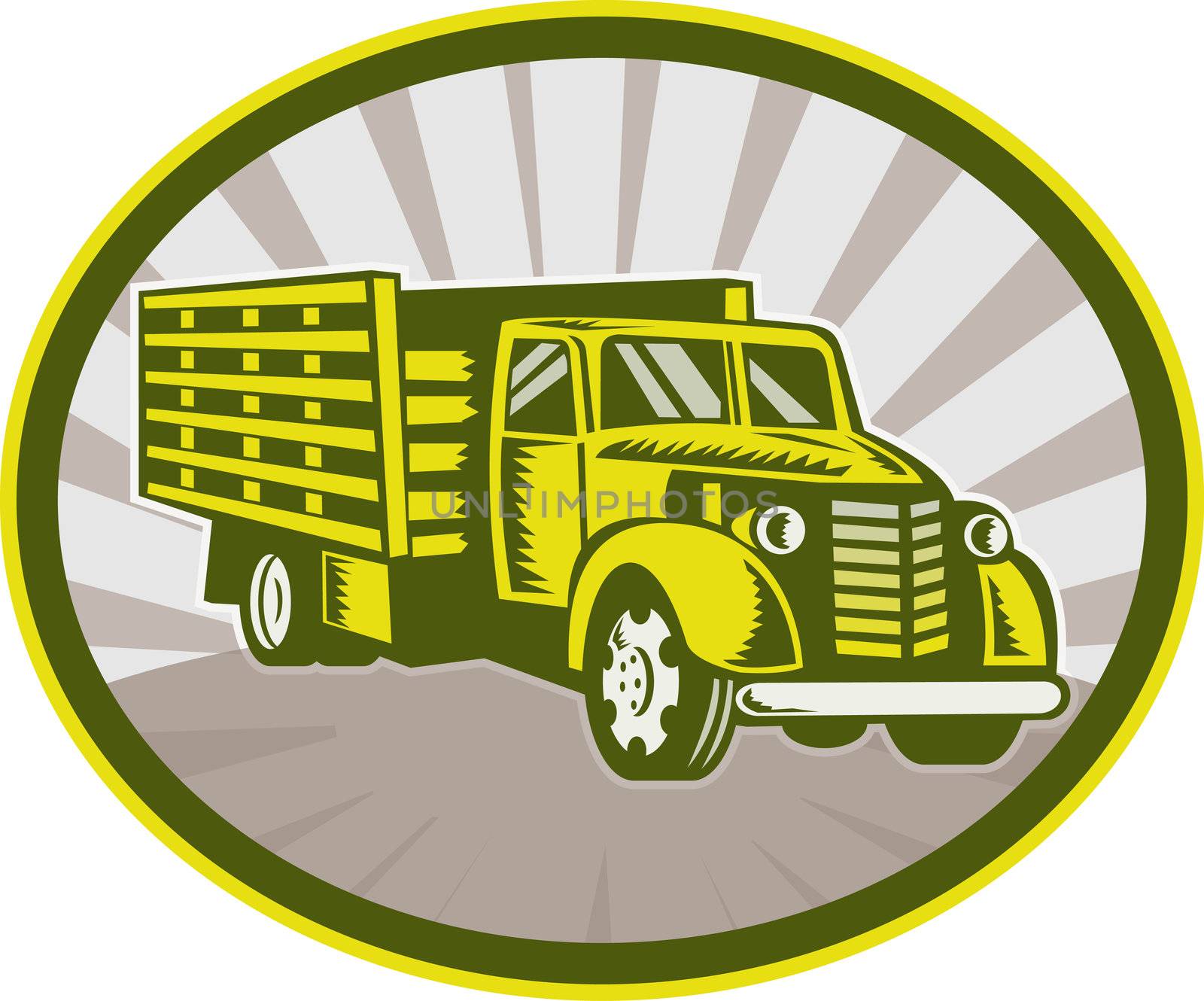 illustration of a Vintage pick-up cargo truck set inside an oval.