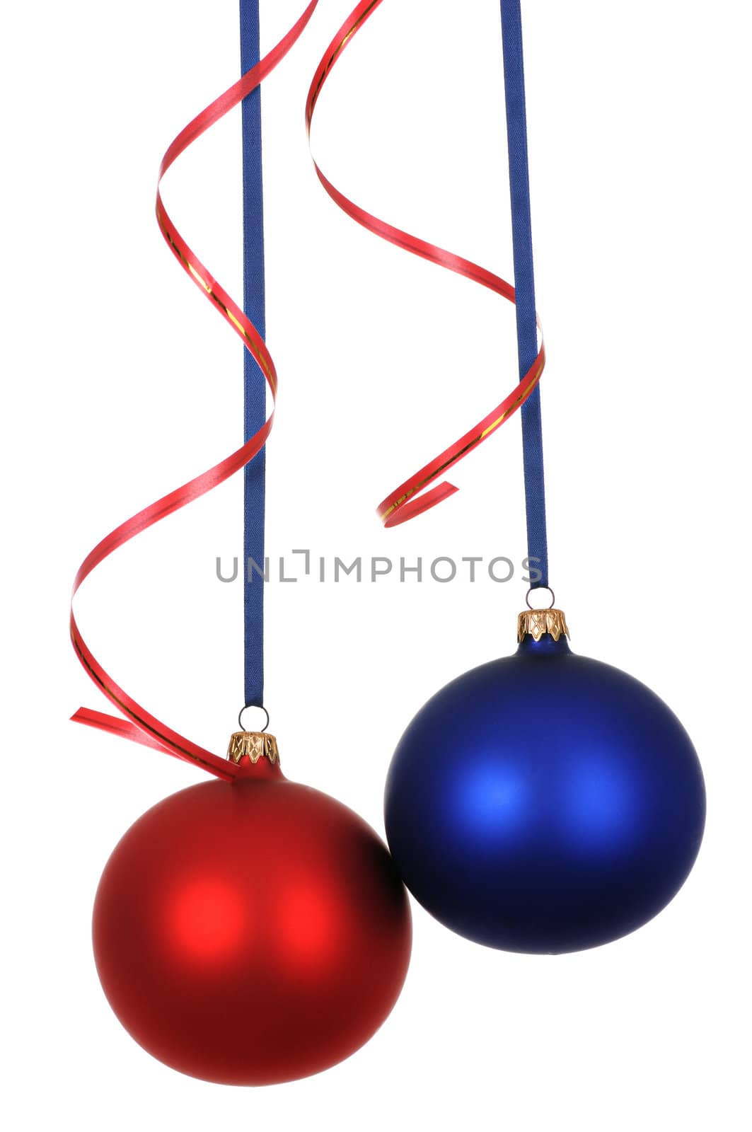 blue and red christmas decoration with ribbon isolated on white background