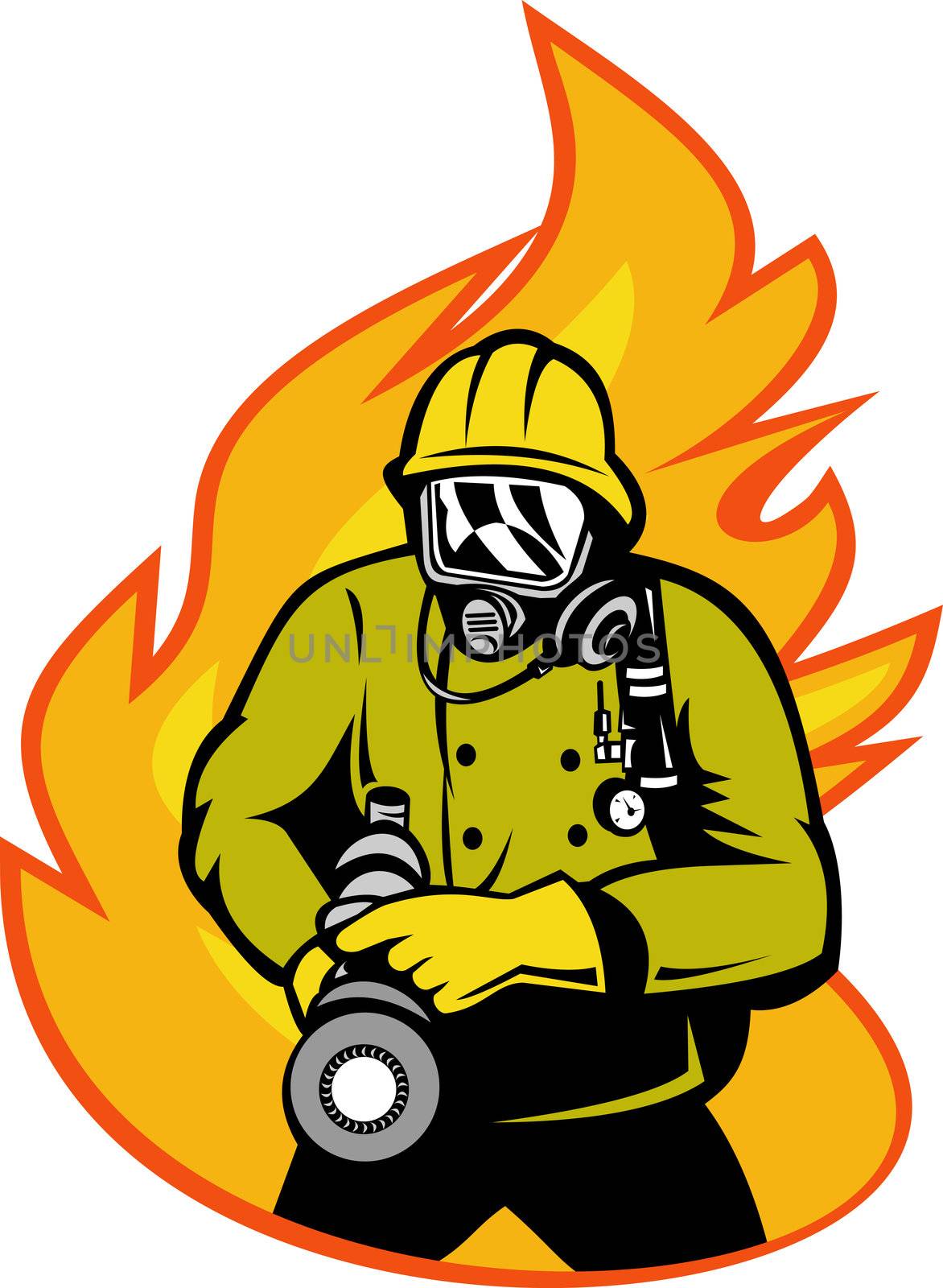illustration of a Fireman or firefighter with fire hose and fire in the background.