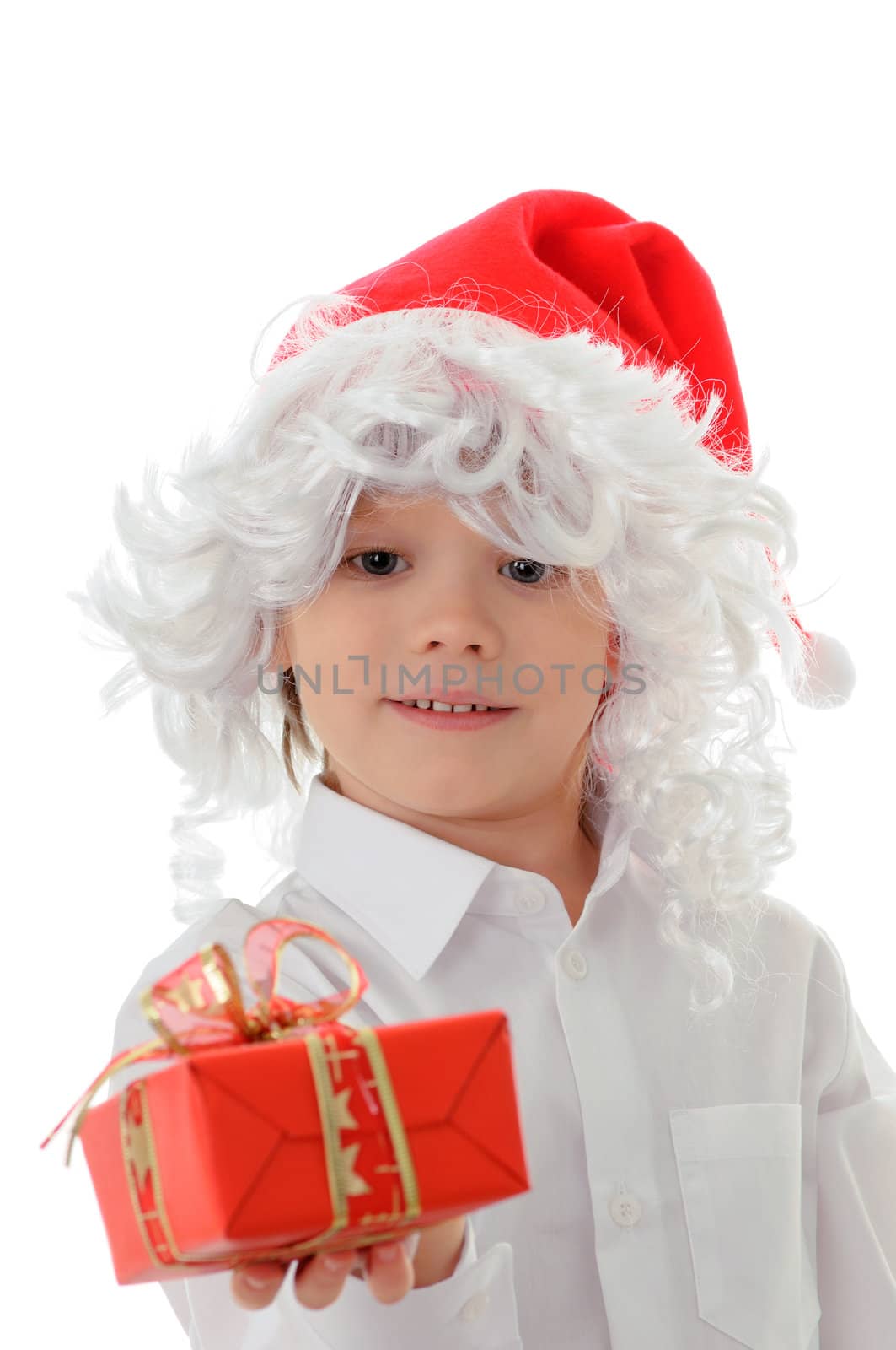 The child in a hat santa claus isolated on white background