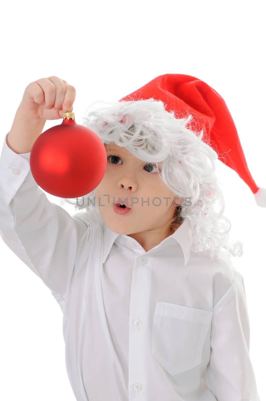 The child in a hat santa claus isolated on white background