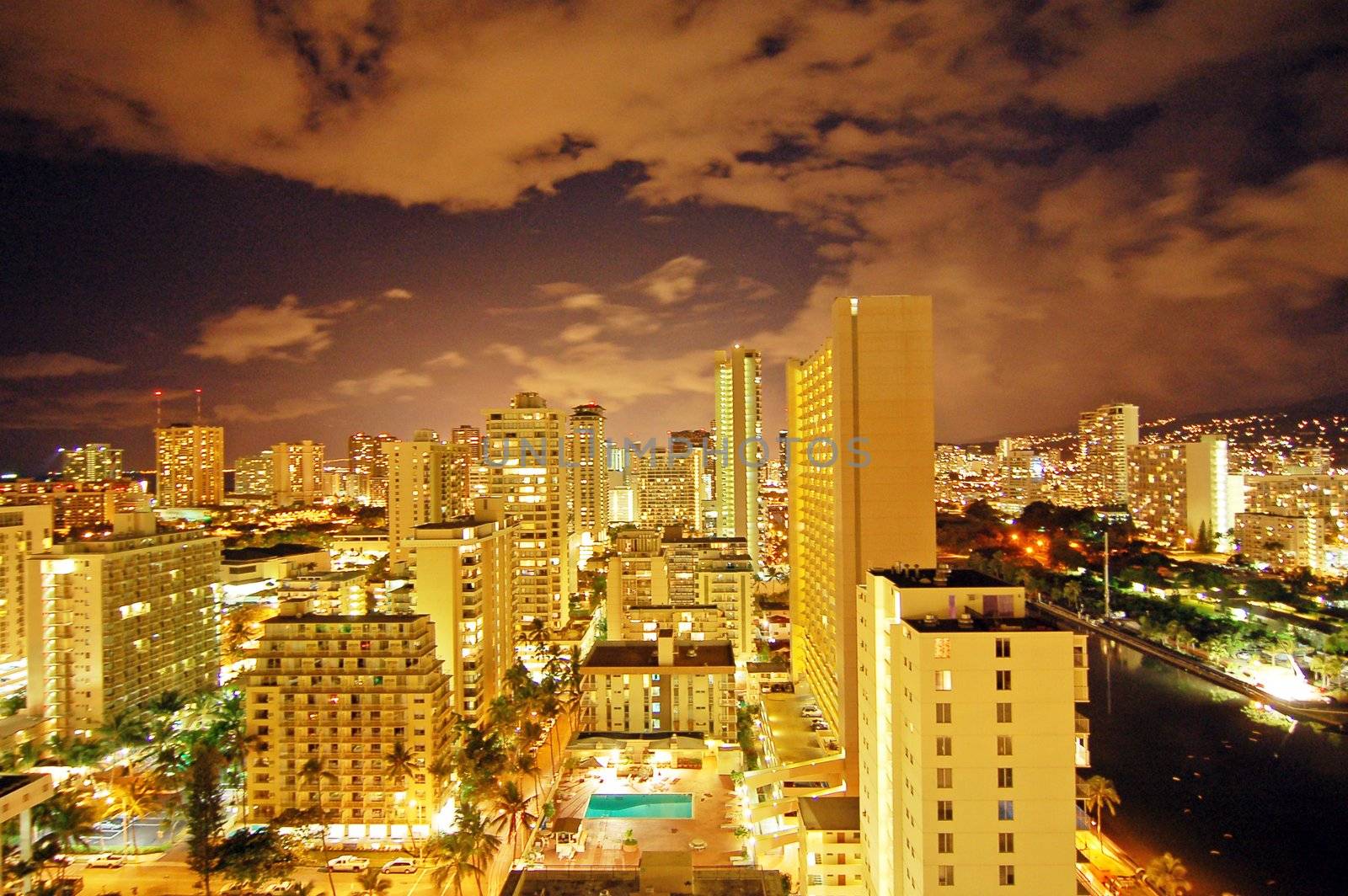 aerial view of Waikiki Downtown in honolulu Hawaii at Night