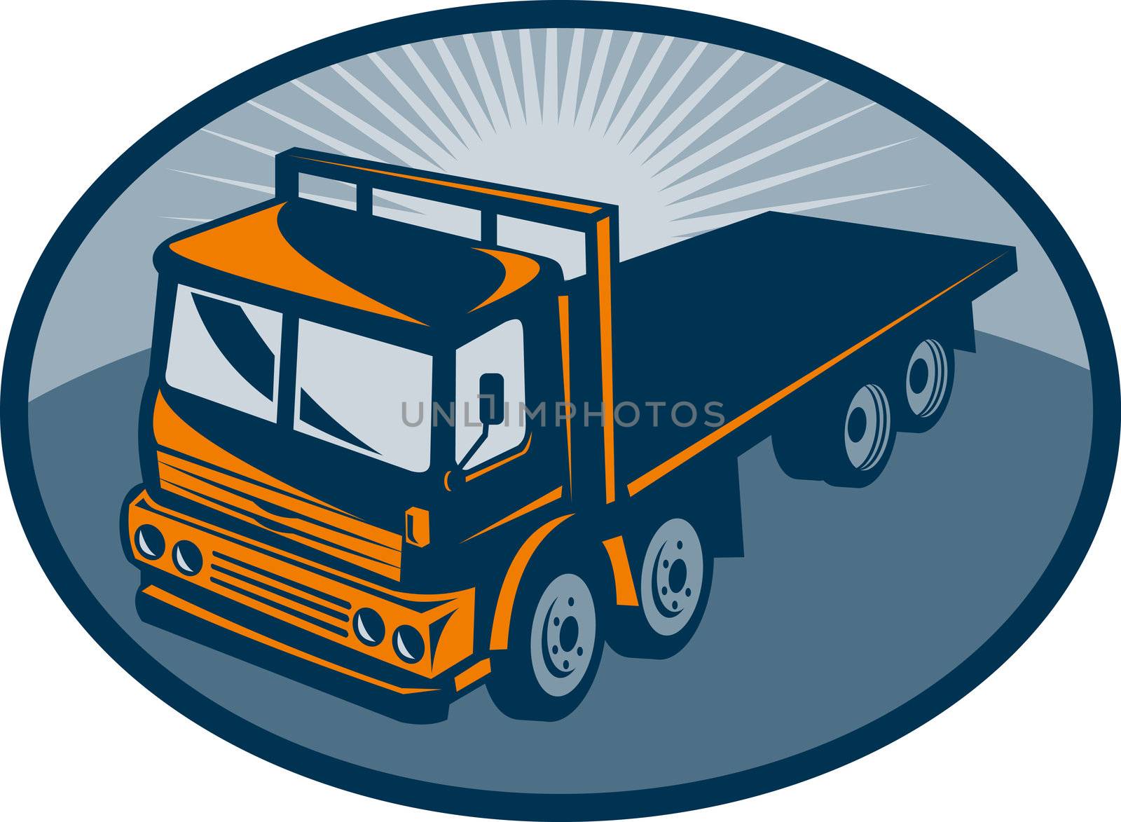 illustration of a Flatbed truck viewed from a high angle set inside an ellipse