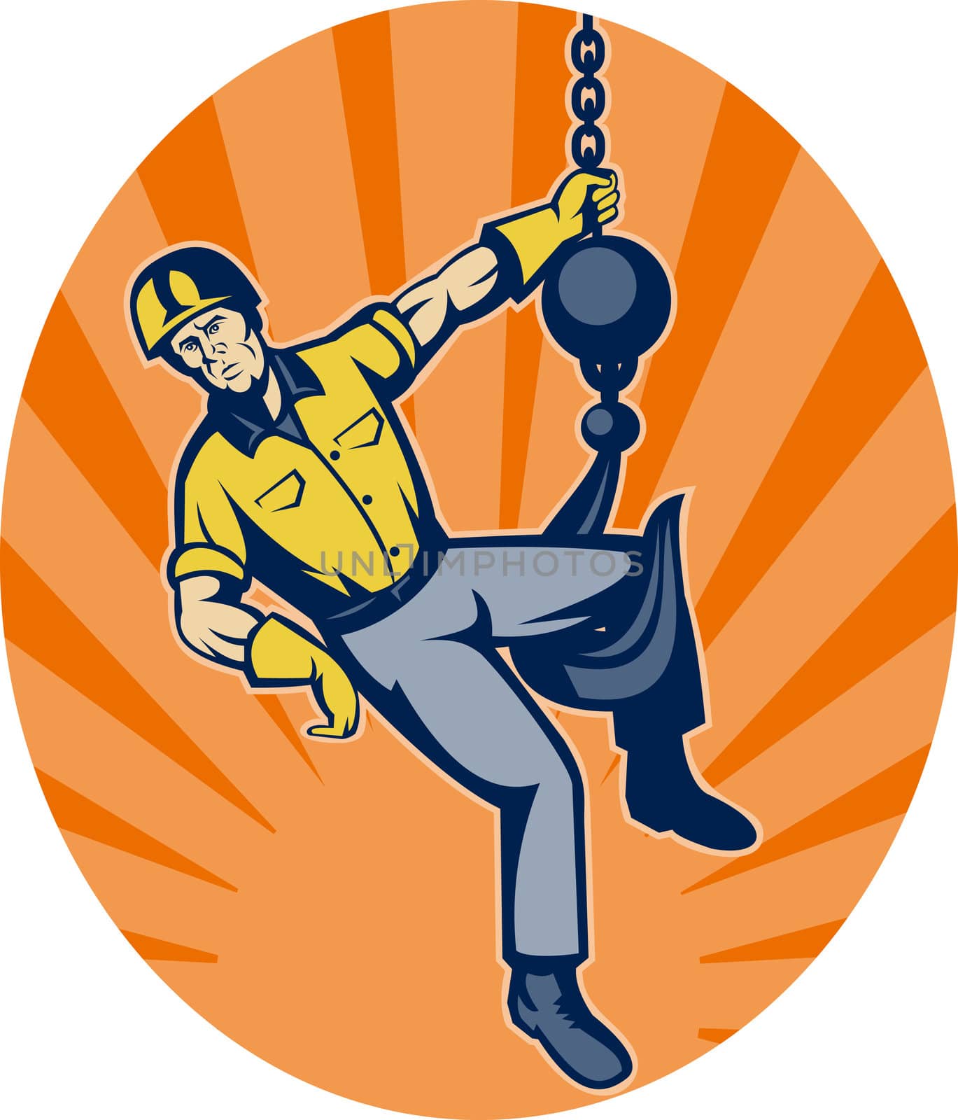 illustration of a Construction worker hanging on hook set inside an ellipse with sunburst in background.