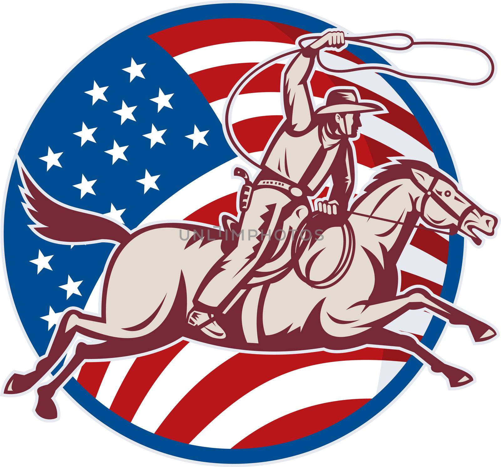 illustration of a cowboy riding horse with lasso and american flag