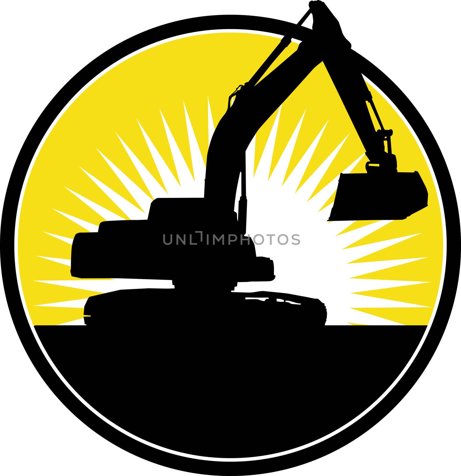 illustration of a Mechanical Digger with sunburst in background