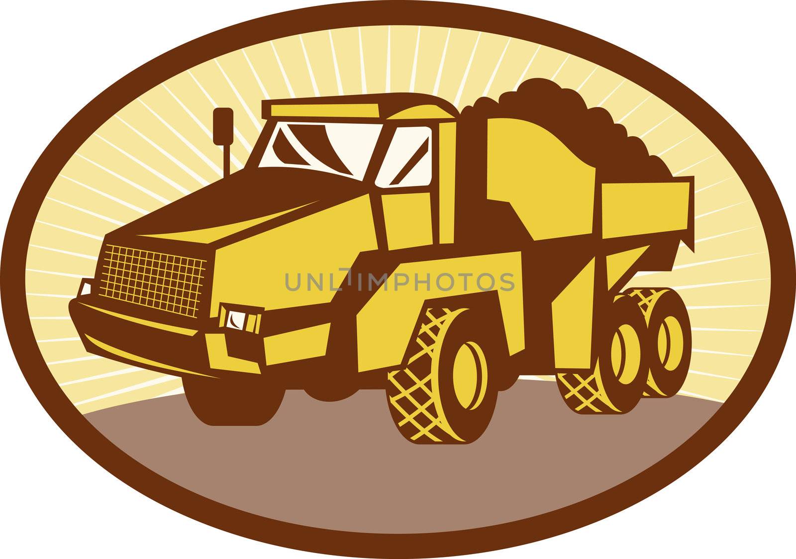 illustration of a mining Tipper dumper dump truck or lorry set inside an ovall done in retro woodcut style.