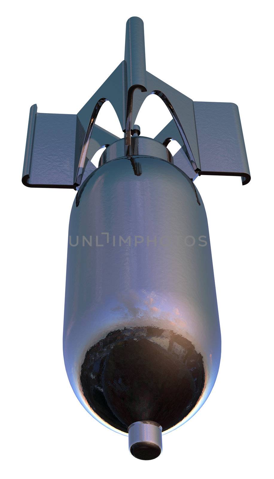3d render of a bomb falling viewed from low angle isolated on white