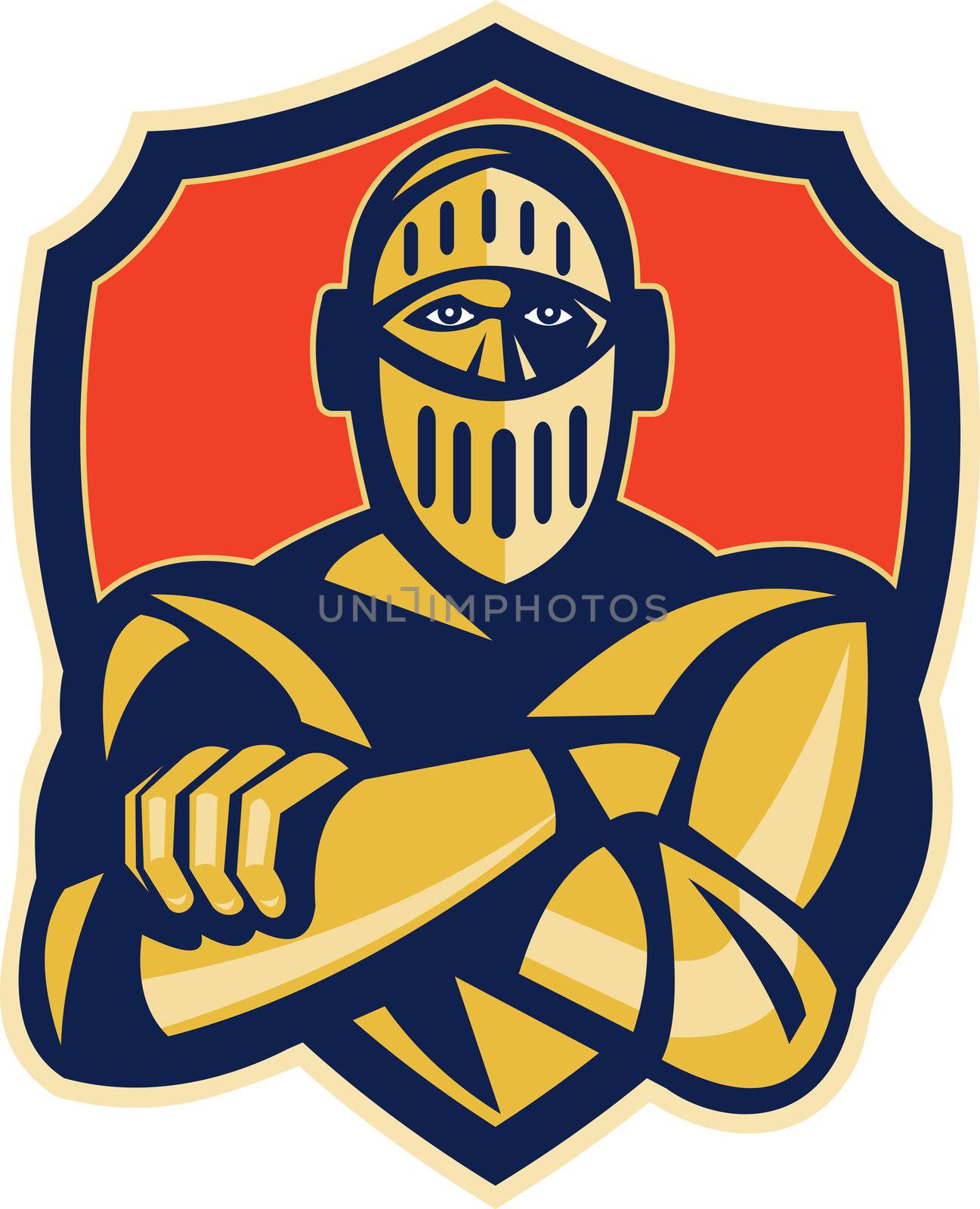 illustration of a knight with arms crossed with shield in background