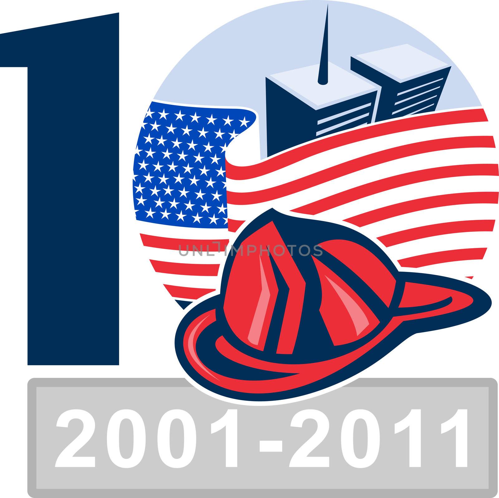 illustration of am unfurled american flag  with world trade center twin tower building in the 
background and firefighter helmet