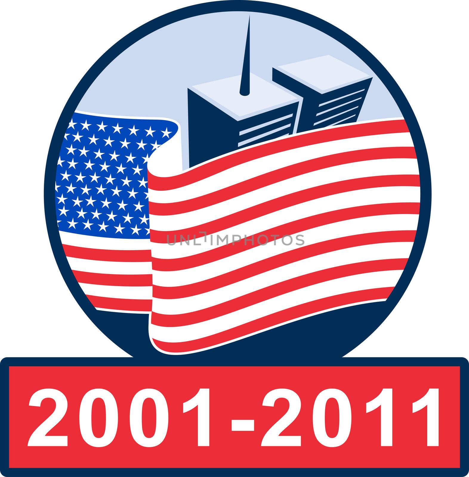 illustration of am unfurled american flag  with world trade center twin tower building in the 
background with 2001-2011 ten year anniversary.