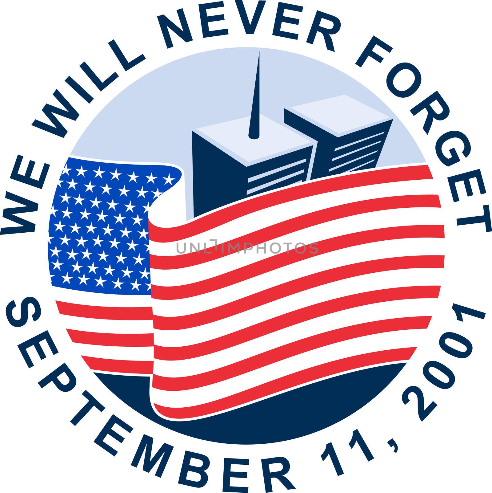 illustration of am unfurled american flag  with world trade center twin tower building in the 
background.