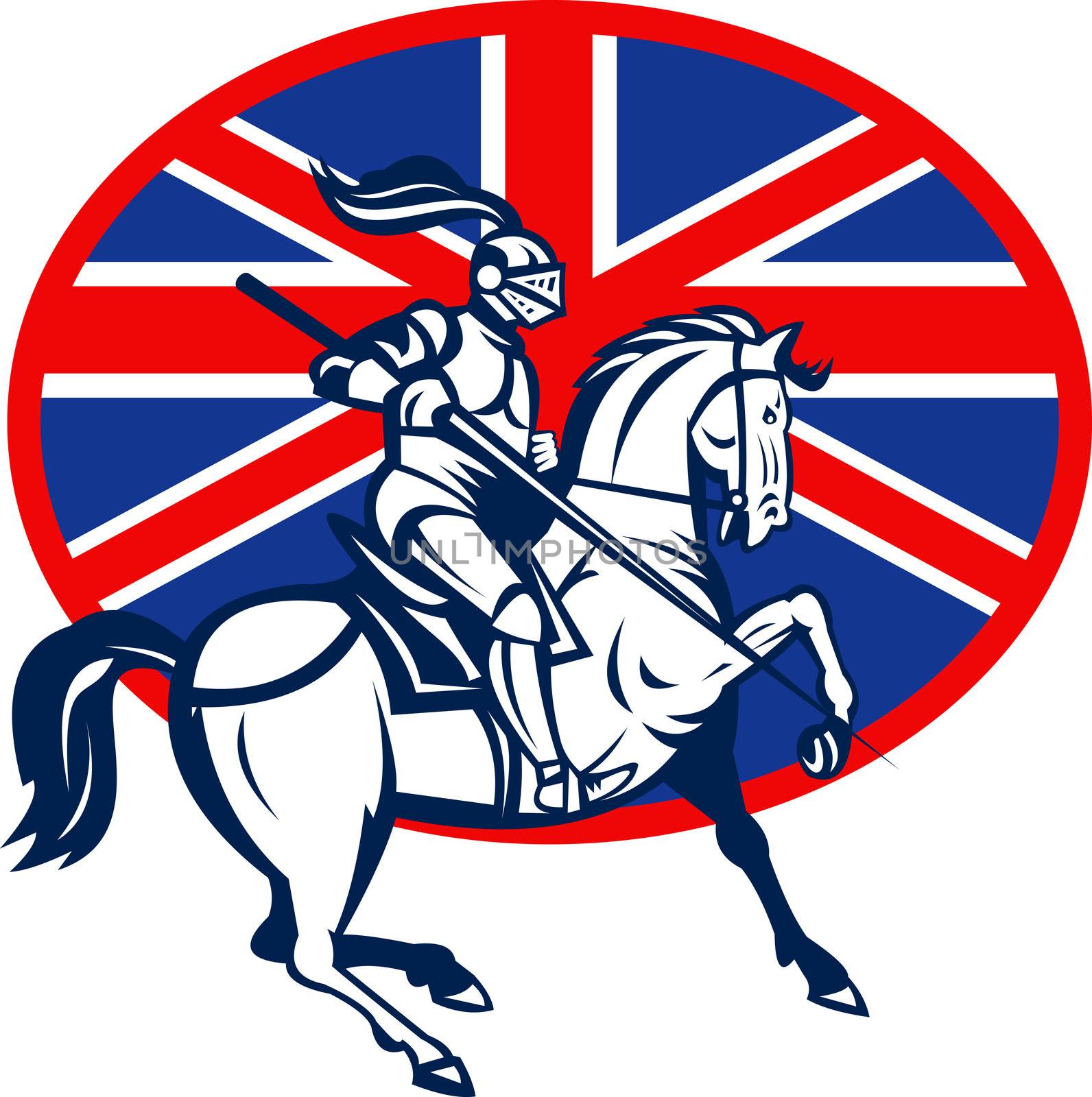 illustration of a Knight on horse with lance and British or great Britain flag