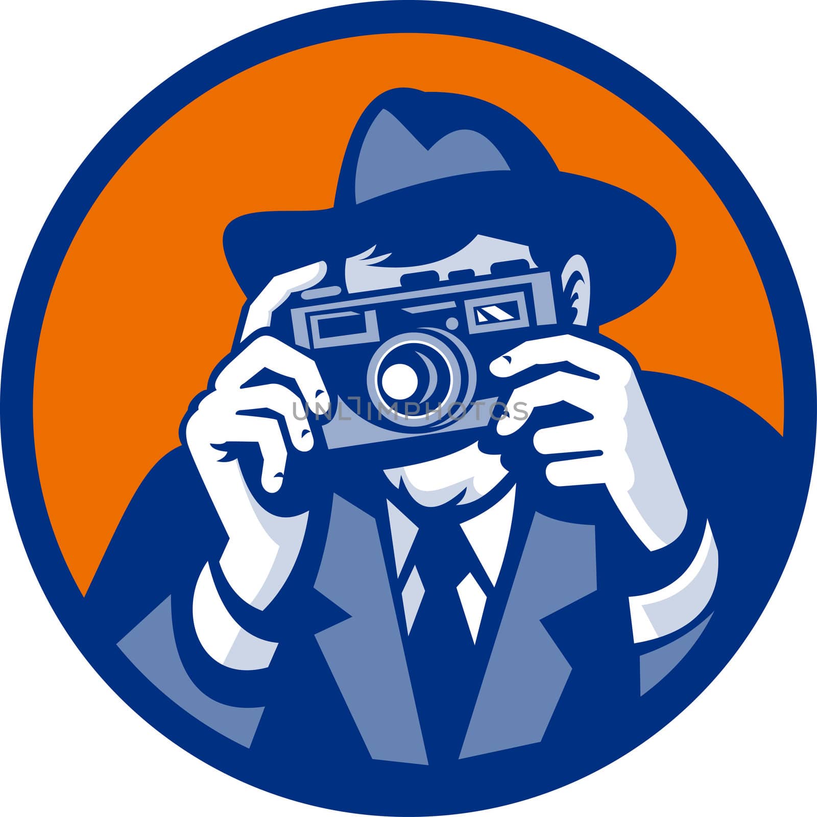 illustration of a Photographer with fedora hat aiming retro slr camera done in retro style