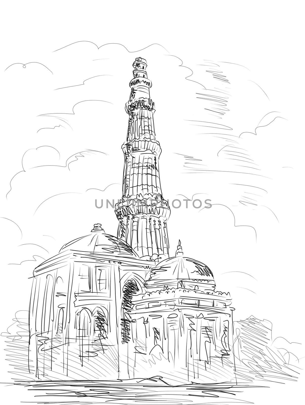 hand drawn illustration of the Qutub Minara tower Delhi India