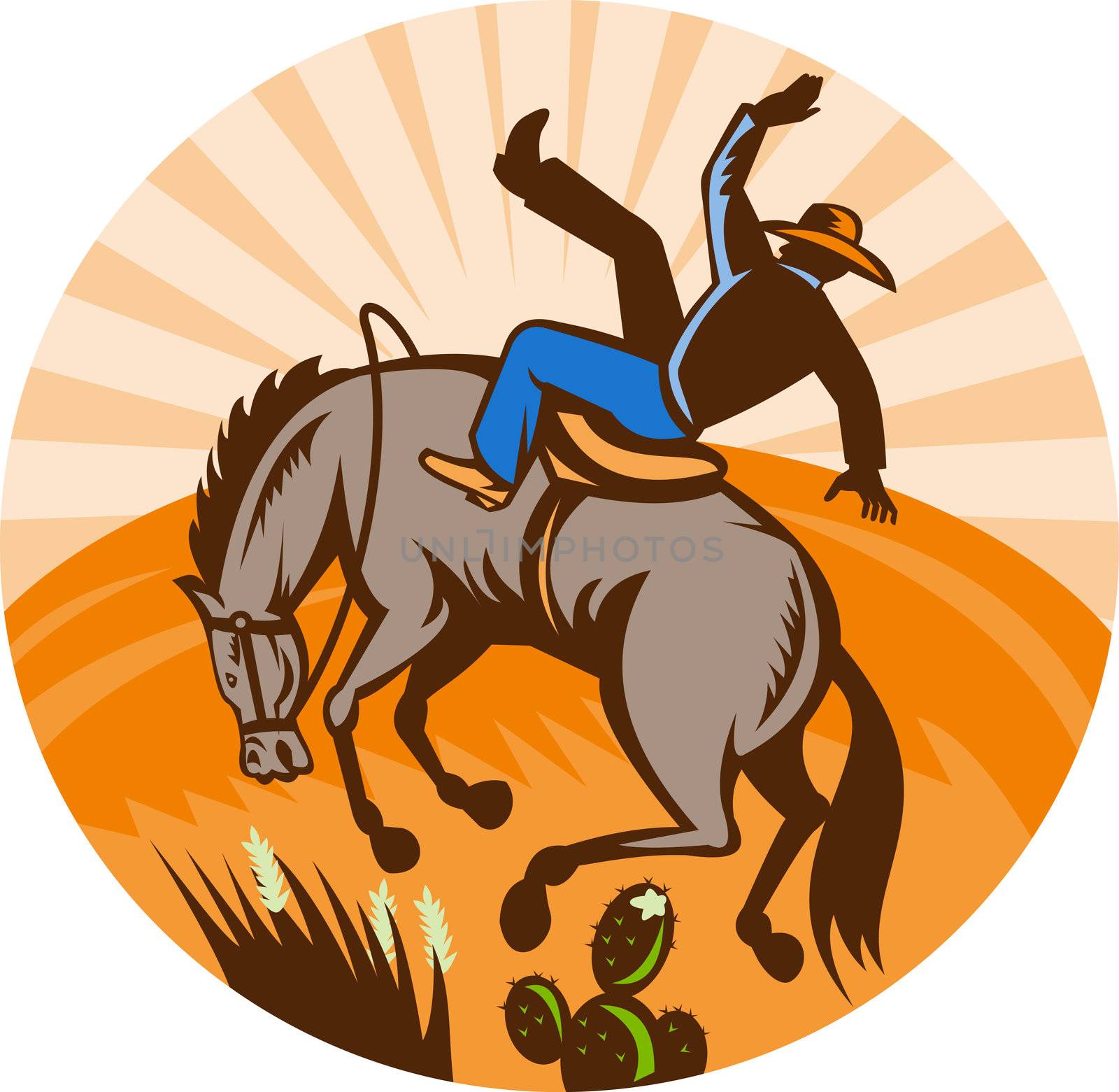 illustration of a cowboy falling off horse in the desert done in retro woodcut style.