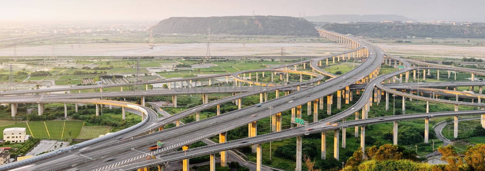 City scenery of transport buildings with highway and interchange, panoramic cityscape in day in Taiwan, Asia.