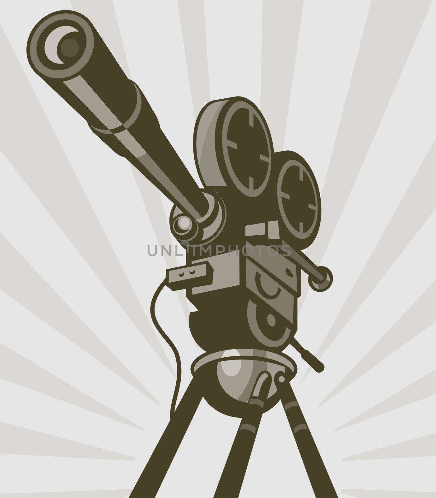 illustration of a Vintage movie or television film camera viewed from a low angle done in retro style.