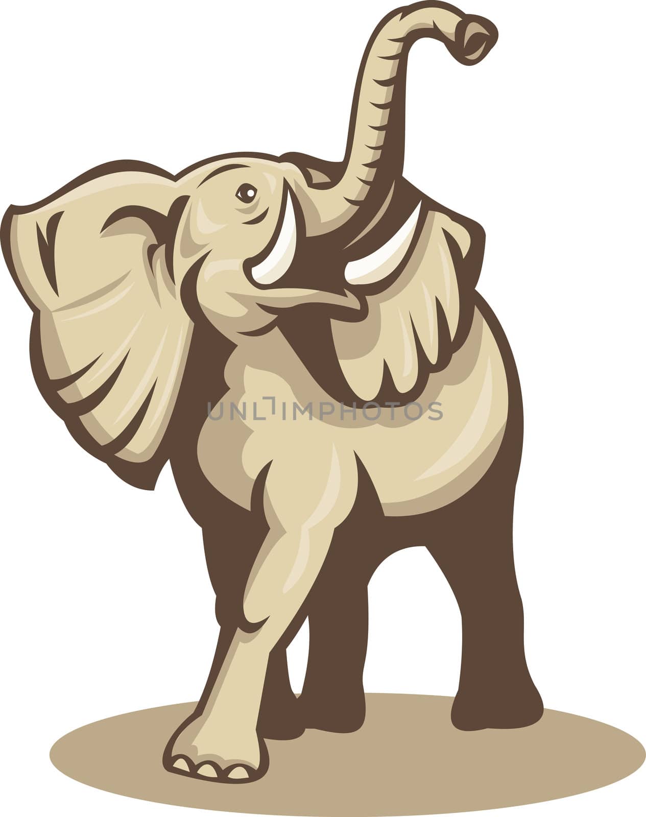 illustration of an african elephant charging attacking done in retro woodcut style