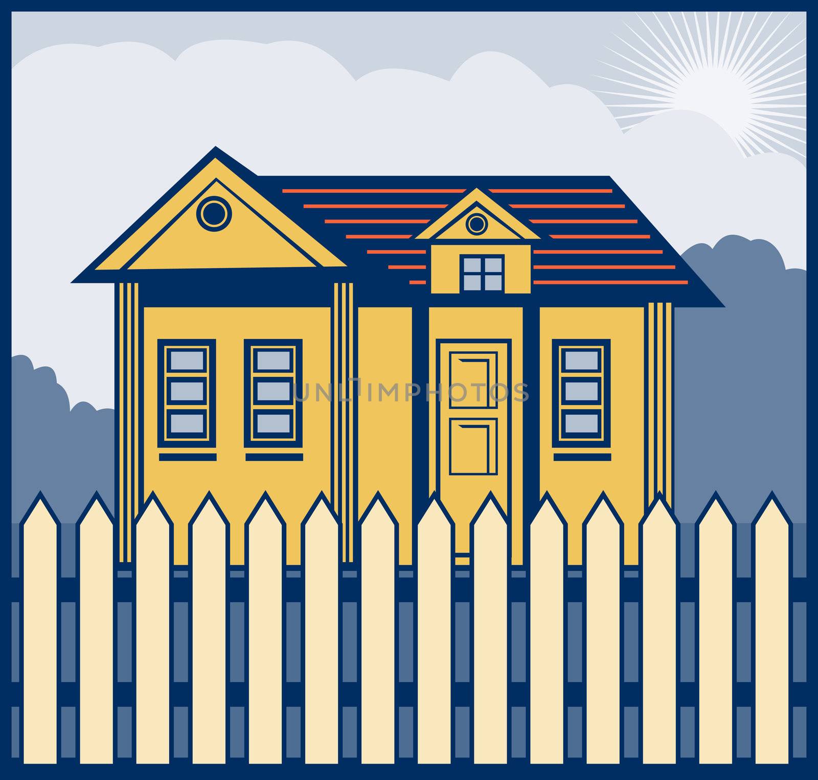 retro style illustration of a house with picket fence