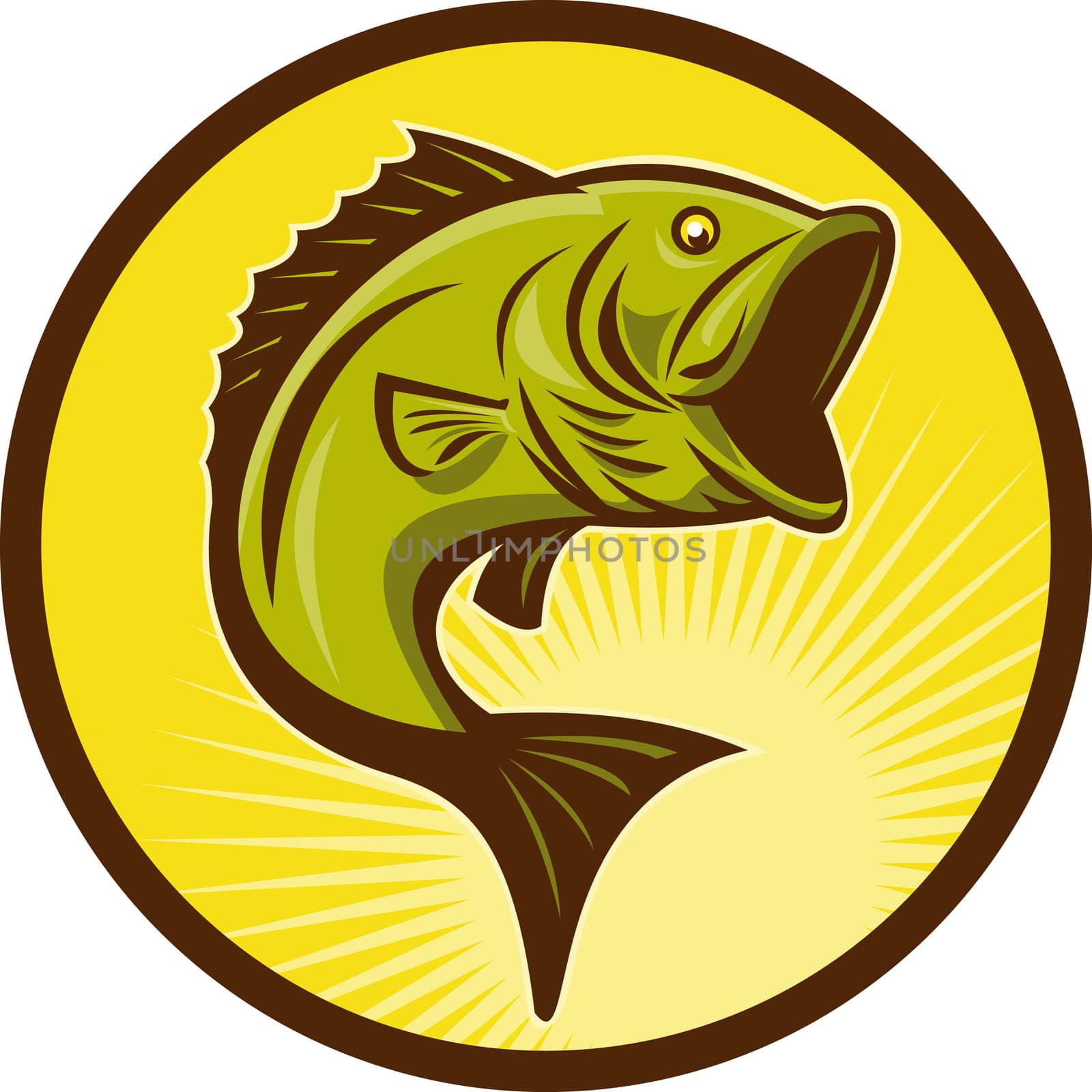 illustration of a Largemouth Bass fish jumping done in retro woodcut style