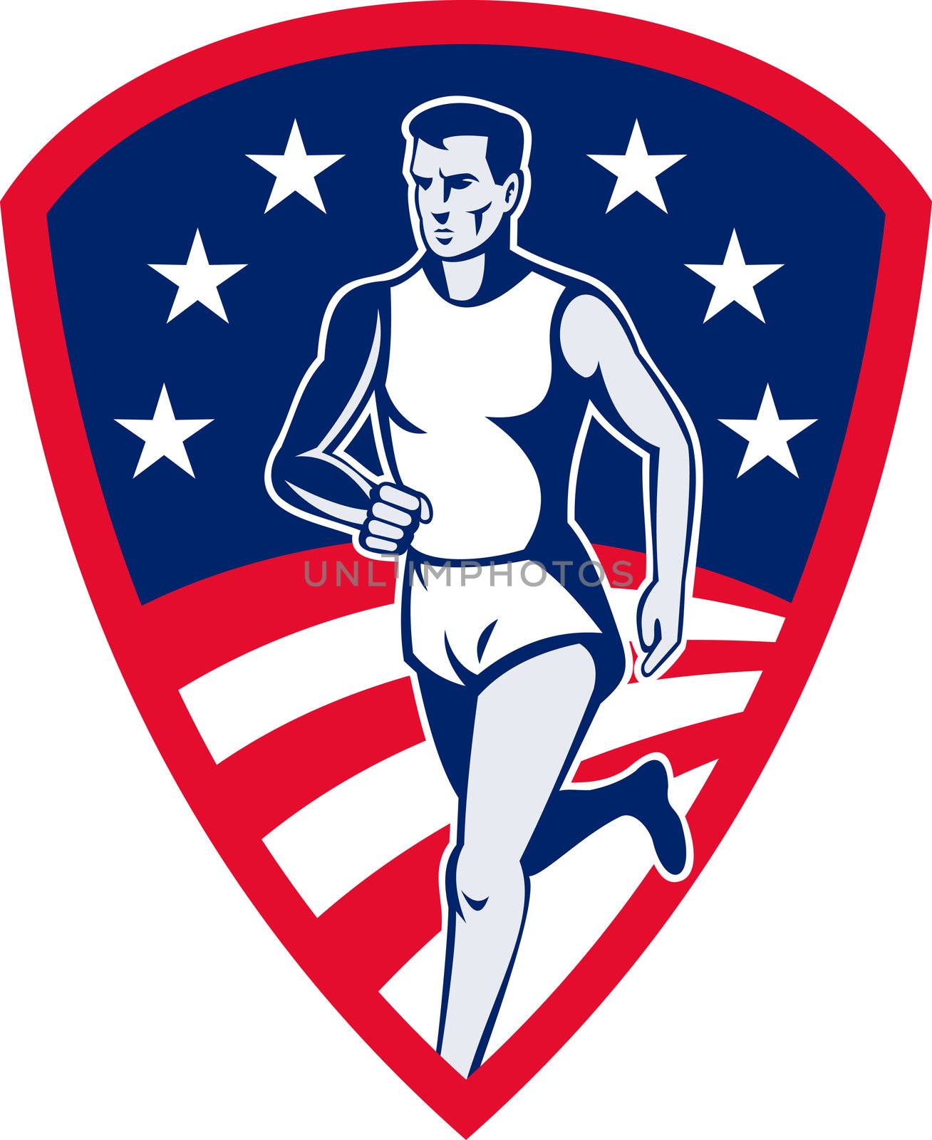 illustration of an American Marathon athlete sports runner with stars and stripes and set in shield done in retro style.
