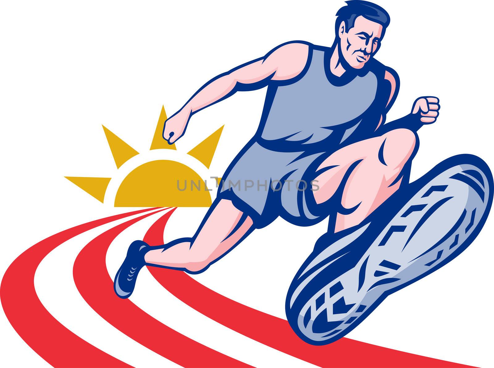 illustration Marathon runner on track with sunburst viewed from an extremely low angle.
