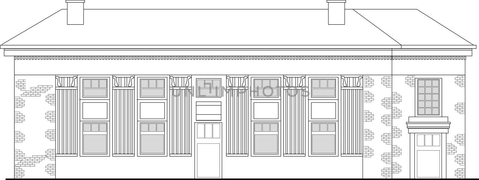 line drawing illustration of a strip mall or shopping center building viewed from front elevation on white background