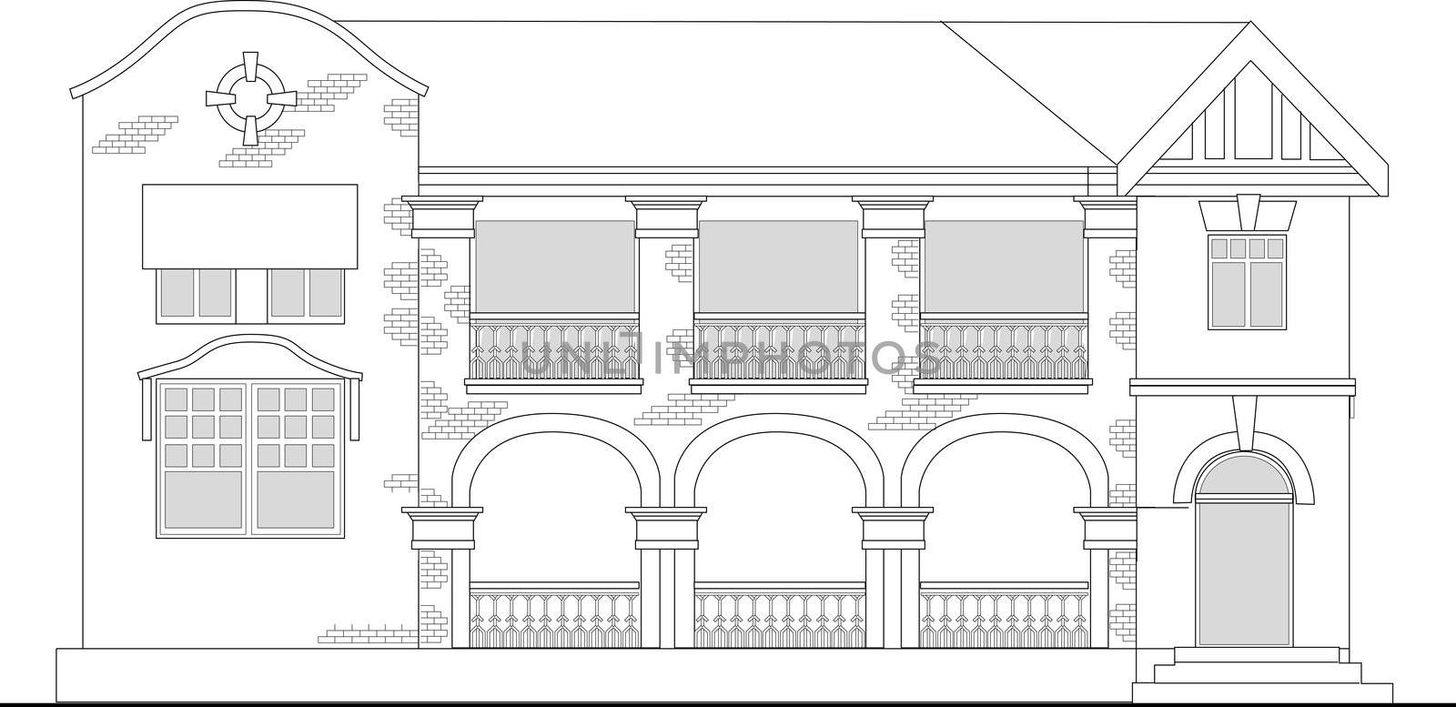 line drawing illustration of a commercial office building or shopping center building viewed from front elevation on white background