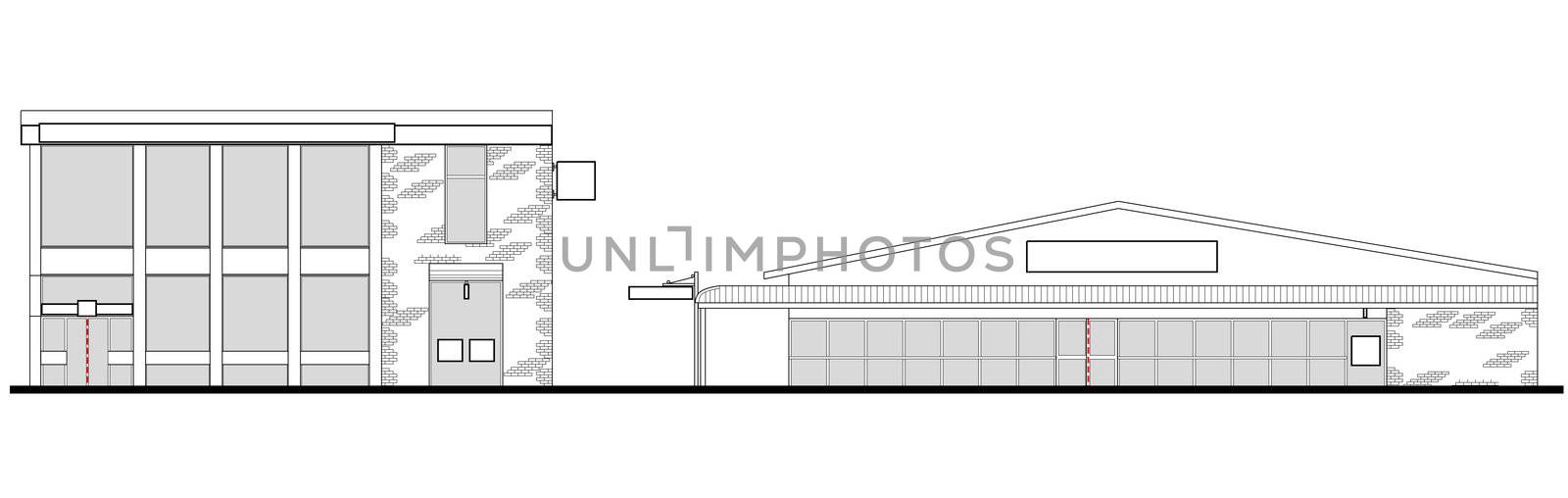line drawing illustration of a strip mall or shopping center building viewed from front elevation on white background