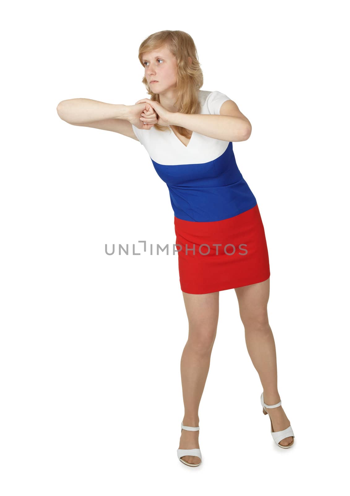 Young woman strikes elbow isolated on a white background