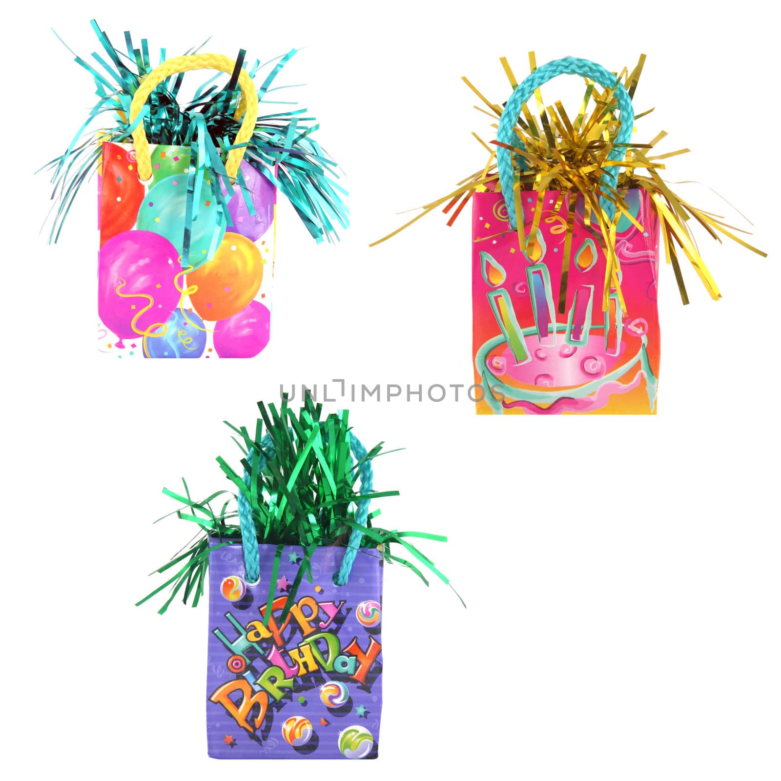 3 colorful party or gift bags isolated on white background