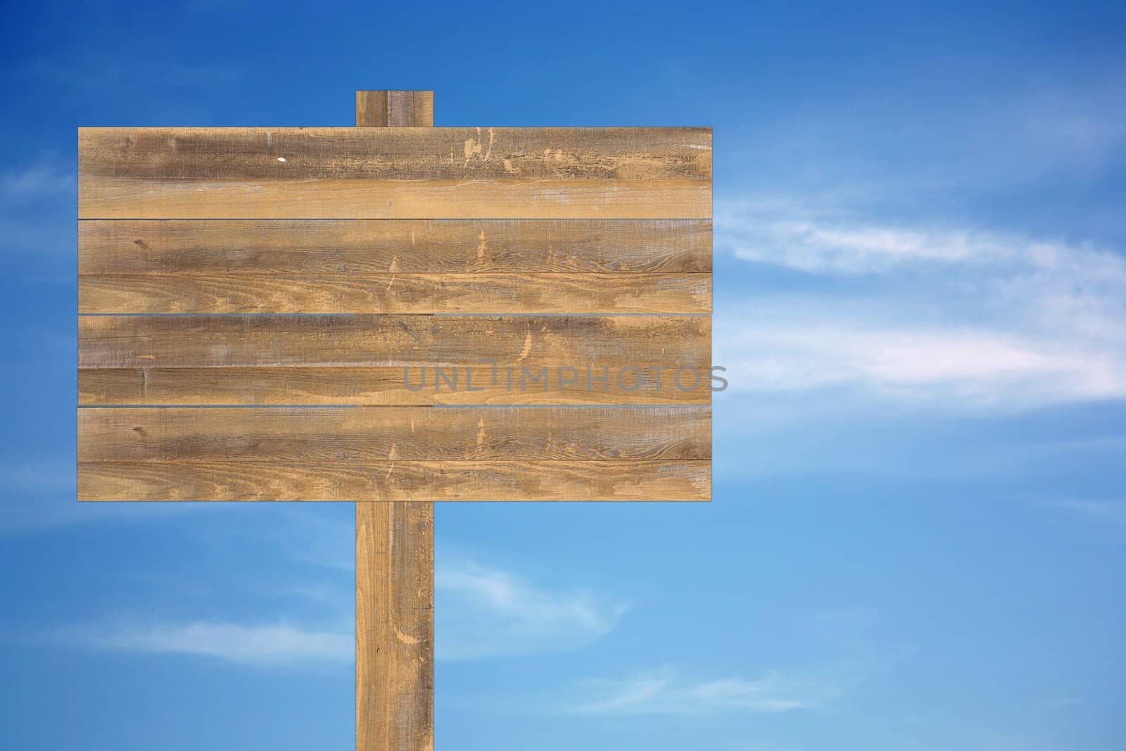 Beautiful blue heavenly and soft cloudy sky with blank wooden sign