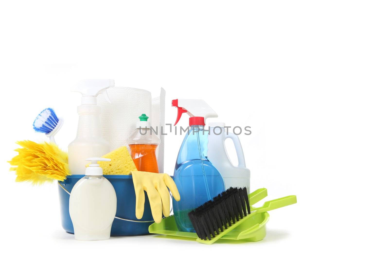 Household Cleaning Products in a Bucket With Copy Space