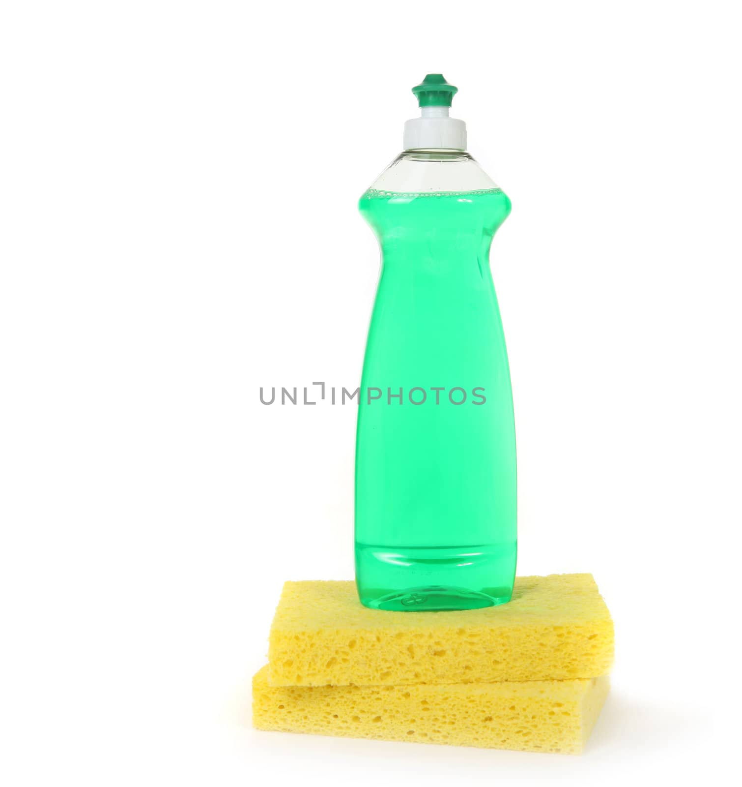 Dishwashing Liquid in a Bottle With 2 Yellow Sponges on White With Copy Space