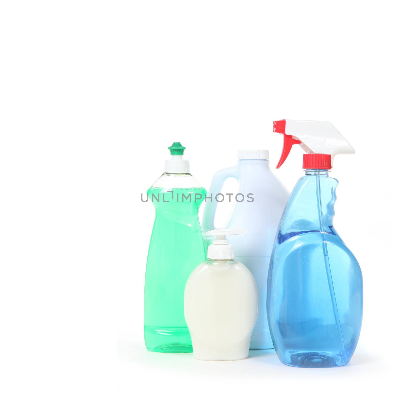 Household Cleaning Products Dishsoap Window Cleaner and Bleach on White Background