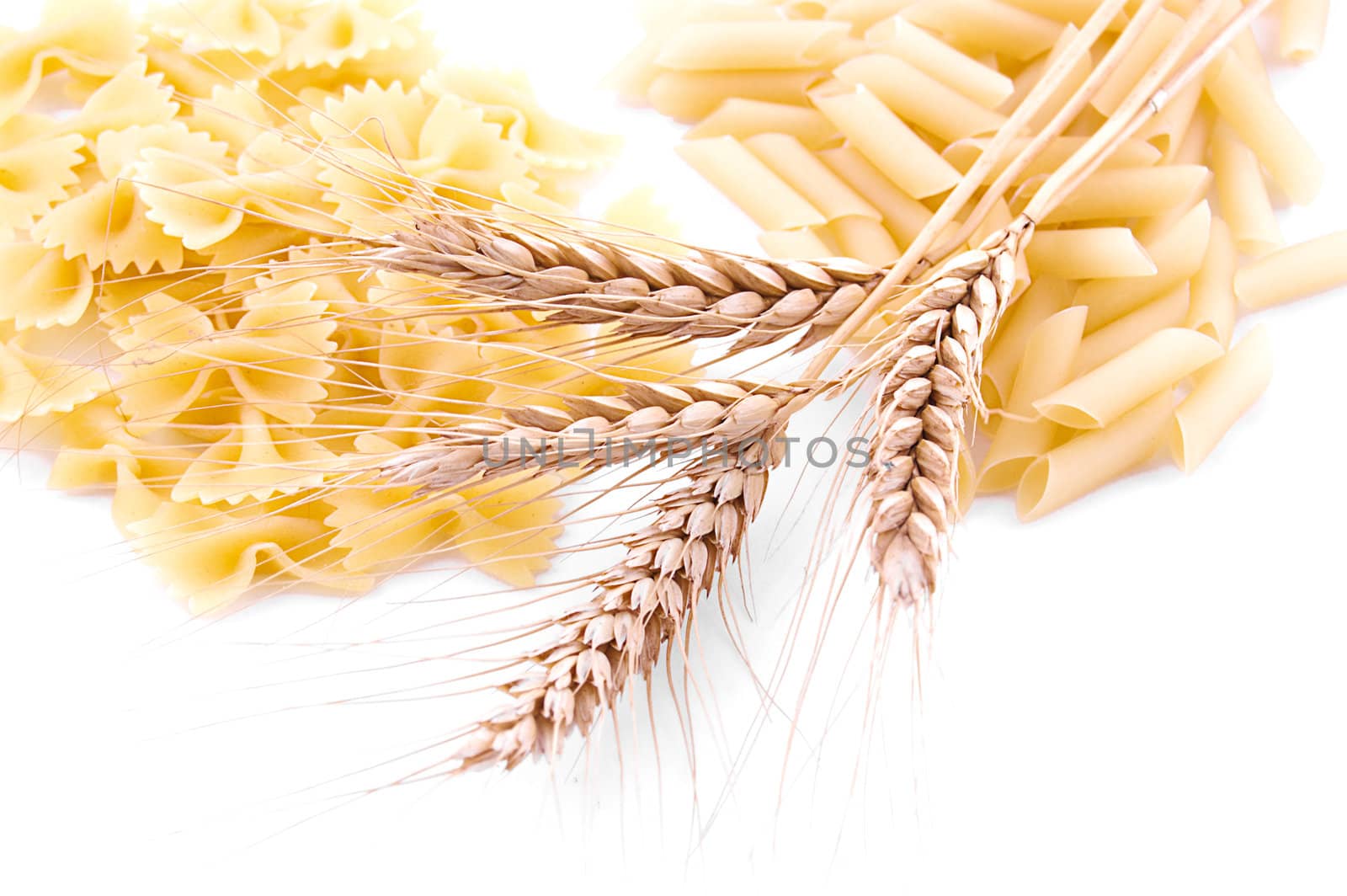 Pasta with wheat ears on white