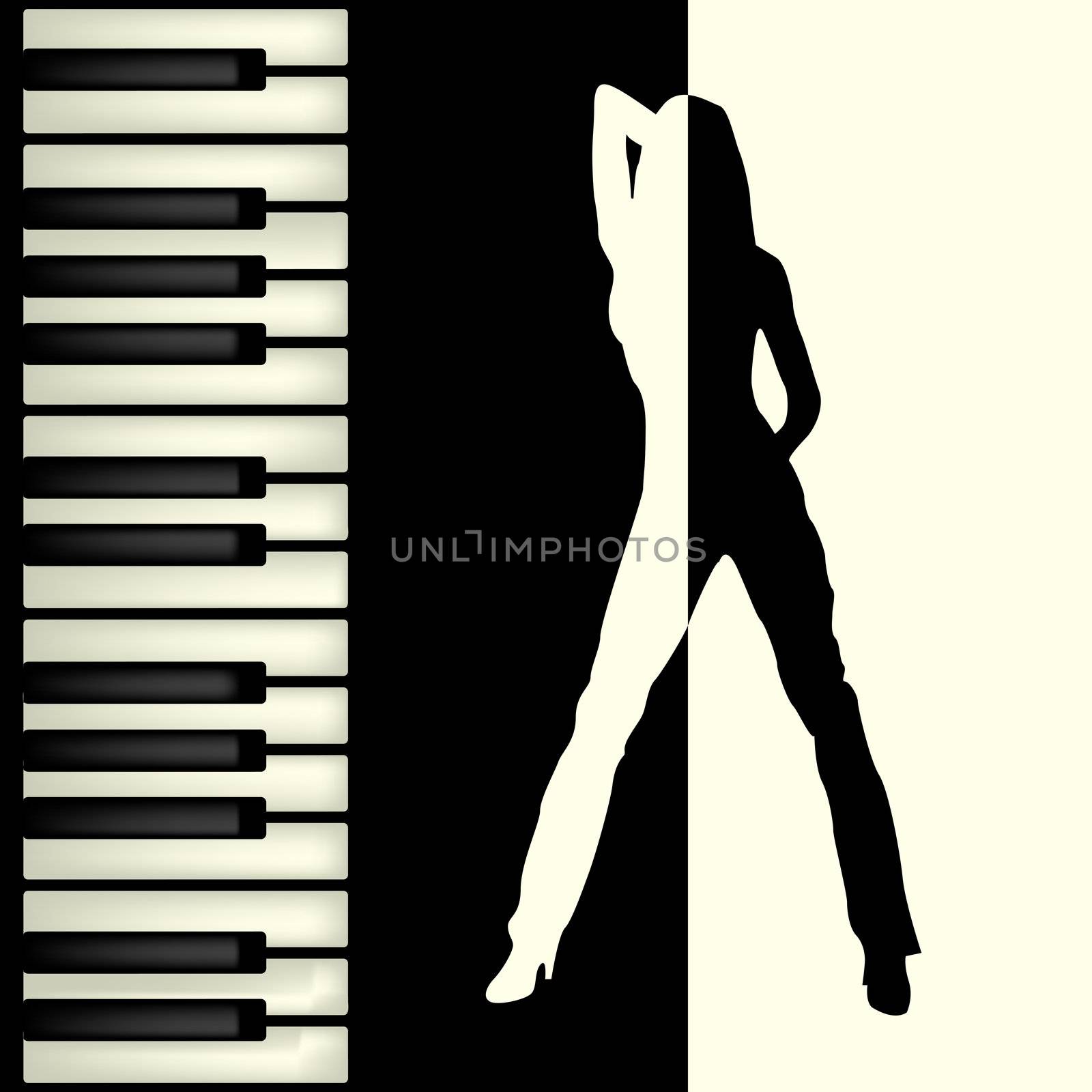 Abstract background with piano keys and dancing girl silhouette